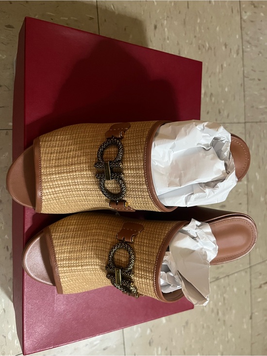 Salvatore Ferragamo Shoes - Ferragamo Woven Straw Slide Sandals in Tan with Decorative Chain